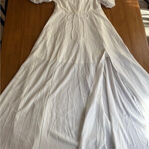 Cottagecore Puff Sleeve White Maxi Dress with Front Slit - Romantic & Flowy